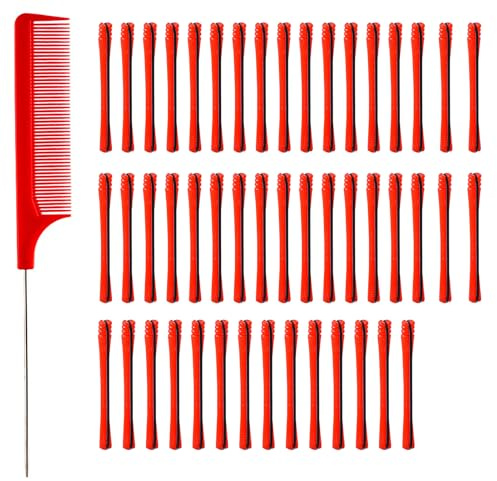 48 Pieces Perm Rods for Short Hair, Perming Kit, Perm Rods for Short Hair, Perming Rod With Steel Pintail Comb Rat Tail Comb for Hairdressing Styling Supplies (0.2 Inch, Red)
