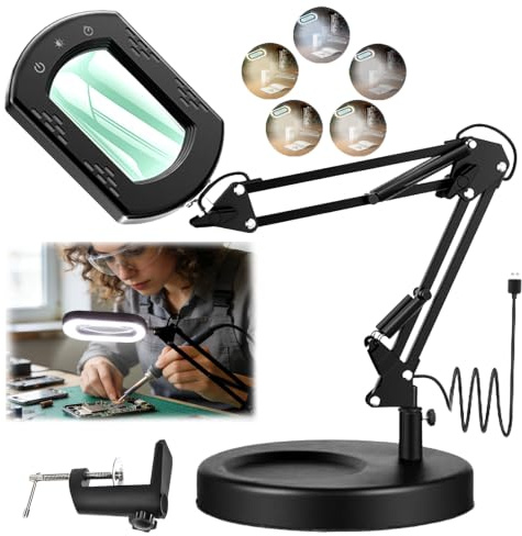 JDHUIOO 15X Rectangle Magnifying Glass with Light and Stand 5 Color Modes Stepless Dimmable, 2-in-1 LED Desk Lamp with Clamp, Hands-Free Magnifier for Reading Craft Repair Hobby Close Work
