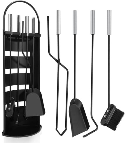 Jaxguom Juego de herramientas para chimenea de 5 piezas, moderno juego de herramientas para chimenea negro con mangos de acero inoxidable, accesorios para chimenea con escoba, pala, gancho de hierro