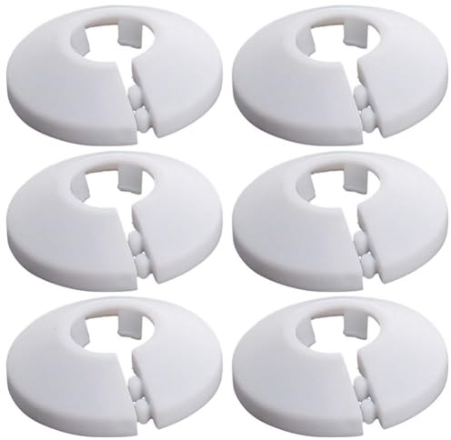 6-pack vita radiatorrörskydd, 15 mm rörhalsband för golv- och väggluckor, klämringar med knäppning för hem- och kontorsuppvärmning, professionell VVS-finish