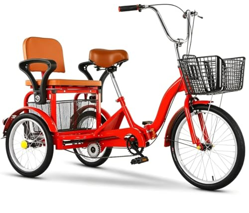 Vikbar vuxen trehjuling, 20 tum tandem trehjuling med baksäte för äldre, 3-hjulig cruiser trehjuling cykel med känsliga bromsar, sadel och styre höjdjusterbar, last och bemannad trehjuling
