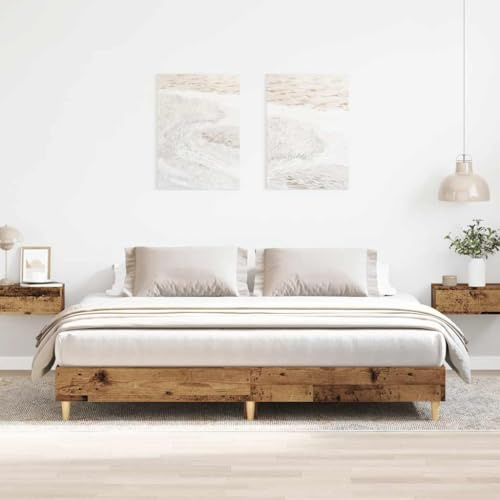 Teenpull Estructura de cama de 160 x 200 cm en aspecto de madera envejecida con láminas de madera contrachapada, cuna baja, cama tapizada estable, cómodo espacio para dormir para habitaciones de