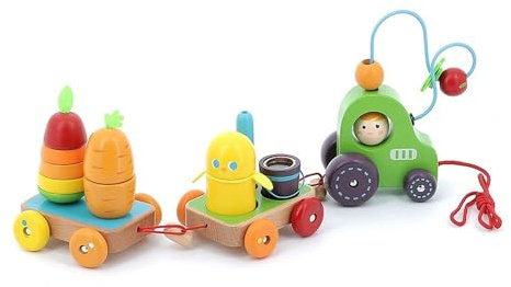 Vilac - Tracteur Multi-activités Jour de récolte - Jouet à traîner pour Enfant en Bois laqué - Encastrement, 2411, Multicolore