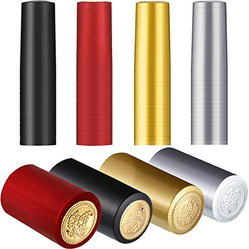 Blulu 200 Pcs Wine Sealer for Bottles PVC Heat Shrink Capsules Bottle Caps for Wine Making Cellars and Home Use (Black,Red,Gold,Silver)