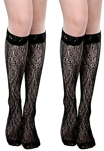 Geyoga 2 Paires Mi-Bas en Résille Chaussettes en Dentelle à Volants pour Femme (Noir)
