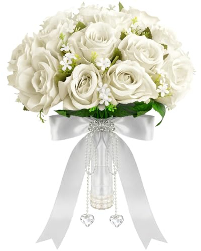 Wowagoga Bouquet da sposa da 30,5 cm con nastri di cristalli di perle, fiori artificiali per sposa e damigelle d'onore fiori finti bouquet per feste di nozze e chiesa (bianco)