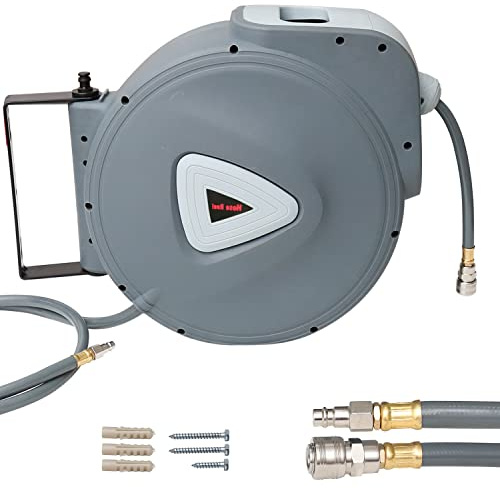 Vigevee Manguera de aire comprimido automática, enrollable, 30 m, 1/4 pulgadas, conexión de pared, enrollador, tambor de manguera