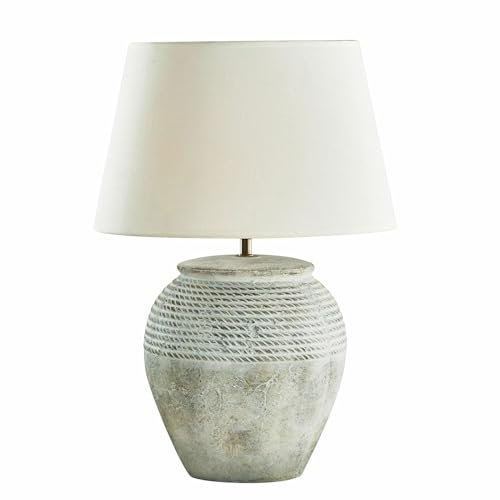 LOBERON Tischlampe Brookline, Handbemalt mit Antik-Finish, Stilvolle Nostalgie, Bauchiger Fuß, Tischleuchte, Nachttischlampe, Keramik, Leinen, grau/creme