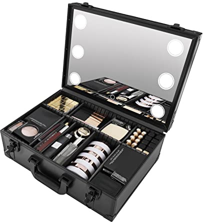 Acesunny resa kosmetika förvaringslåda makeup box sminkväska med LED-ljus spegel kosmetisk arrangör låda med avdelare smink tåg fall konstnärer arrangör kit