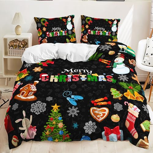 Lunoroey Christmas Bedding Duvet Cover Set Kids Boys Girls Snowman Christmas Tree Print Bed Sets, Gift for Xmas Double 200x200 cm
