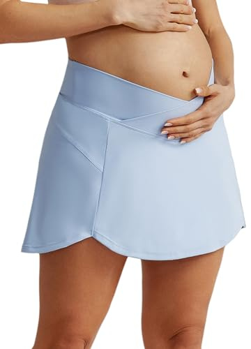 Maternity Tennis Golf Skorts Built-in Shorts with Pockets Cross Waist Low-Rise Light Blue M