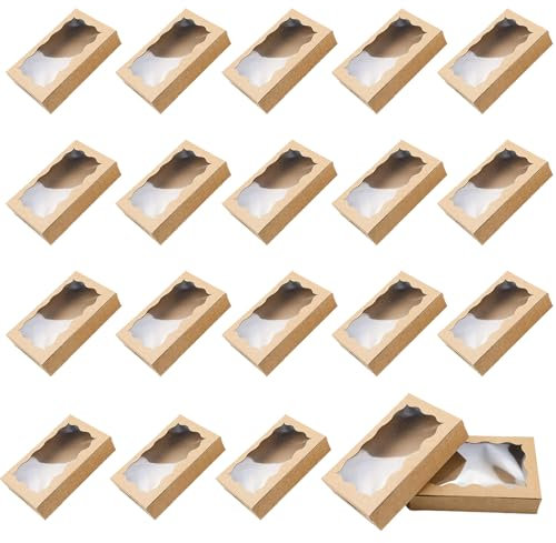 Ksvaye 20 Stück Keksschachtel mit Sichtfenster Kraftpapier Gebäckkarton Braune Papier Cupcake Box 17,8 x 11 x 3,9 cm Tortenschachtel mit Klarem Fenster Transportbox Karton Snackbox Keks Verpackung