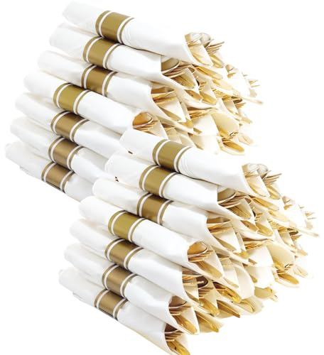 Joyido 400PCS Pre Rolled Gold Plastic Silverware Sets - Heavy Duty Fancy Gold Cutlery - Include 100 Pack Wrapped Disposable Utensils with Napkins for Parties, Dinners & Weddings