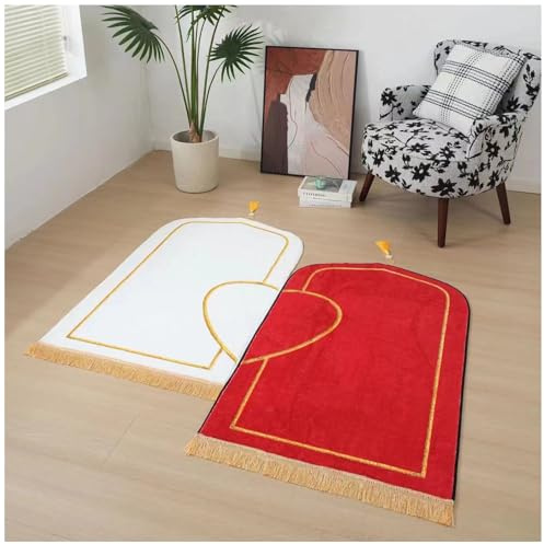 Bönematta par – muslimsk bönematta tjock och mjuk kashmirimitation Lslamisk bönematta för kvinnor män Ramadan Eid Bayram religion övning gåva (vit röd, 70 x 110 cm)