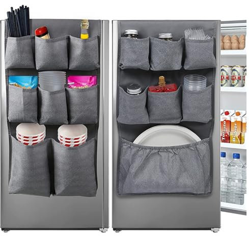 Erweiterter Mini-Kühlschrank-Organizer – 162,6 x 31 cm, Schulwohnheim und Büro, über dem Kühlschrank, Aufbewahrungs-Organizer mit 15 Taschen für Besteck, Getränke, Papierwaren, College-Must-Have, Grau