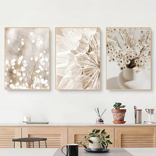 Champracer 3er Poster Set Boho - Beige Landschaftsdekoration Malerei mit Heu Getrocknete Blume für Wohnzimmer Schlafzimmer Wand, Premium Ohne Rahmen Leinwand (40x50 cm)
