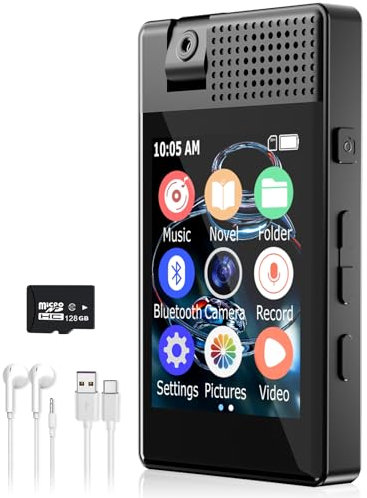128G Reproductor MP3 Bluetooth 5.3 con Cámara, Pantalla Táctil IPS de 2,5 Reproductor MP4, Calidad de Sonido HiFi Sin Pérdidas, con Altavoz,OTG,eBook,Grabación,Cronómetro,Alarma,Calculadora,Juegos