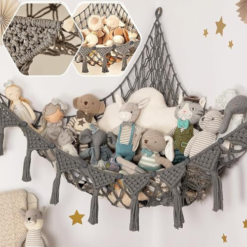Lunriwis Mjukisdjur förvaringsnät, boho makramé, tygleksaker, förvaring, hängande väska, förvaringsnät, leksaksförvaring barnrum, snövit