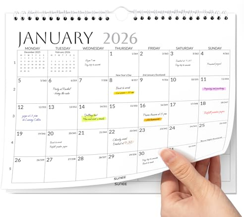 SUNEE 2026 Calendar UK, 12 Months Wall Calendar 11 x 8.5 Landscape Wall Planner 2026, Full Year Family Calendar 2026 Month to View for Home, Office