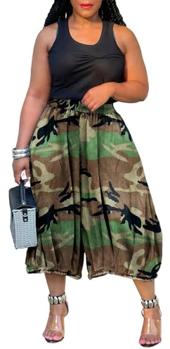 NRTHYE Womens Camo Cargo Jeans Army Fatigue Baggy Wide Leg High Waist Capris Camouflage Trousers Bermuda Boyfriend Pants