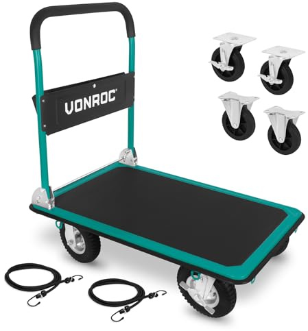 VONROC Carretilla Plegable 300 kg con Ruedas Neumáticas – Carro Plataforma de Carga para Transporte en Superficies Irregulares, Plataforma Antideslizante para Almacén, Taller y Obra