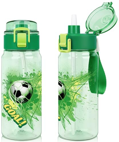 wooshwa Tritan Barnvattenflaska för skolan, 550 ml läckagesäker 2-i-1 vattenflaska för småbarn med pop-up lösbar sugrör, diskmaskinssäker (fotboll)