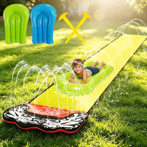 CLIUNT Scivolo ad Acqua, 480 x 70cm Scivolo Acquatico Giardino, Scivoli d'Acqua con Acqua Singola con 2 Pannello Gonfiabili, irrigazione, Giocattolo Estivo per Giardino e Spiaggia (Giallo)