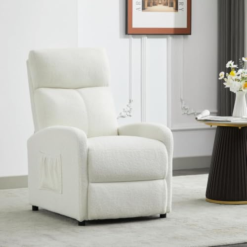 mcc direct Push Back Recliner Chair, Soft Fabric Single Pushback Sofa with Lumbar Support, Padded Backrest, Side Pocket and Adjustable Leg Rest for Home Living Room Theatre (Cream White)