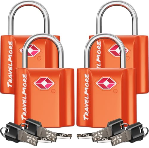TravelMore Suitcase Padlocks with Keys, TSA Approved Travel Luggage Locks | Durable, Strong Shackle, Weatherproof, Zinc Alloy Body, Perfect Size, for Suitcases, Backpacks, Bags, Zippers, 4-Pack, Orange