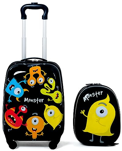 COSTWAY 2Pcs Kids Luggage, Carry On Luggage Set med 12 ryggsäck och 18 resväska, Rolling Trolley Suitcase, Cute Cartoon Pattern resväskor för flickor