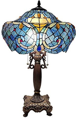 Bieye L10784 Baroque Tiffany Style Stained Glass Table Lamp with 16-inch Wide Lampshade for Living Room Bedroom Home Decoration, 24-inch Tall (Blue)