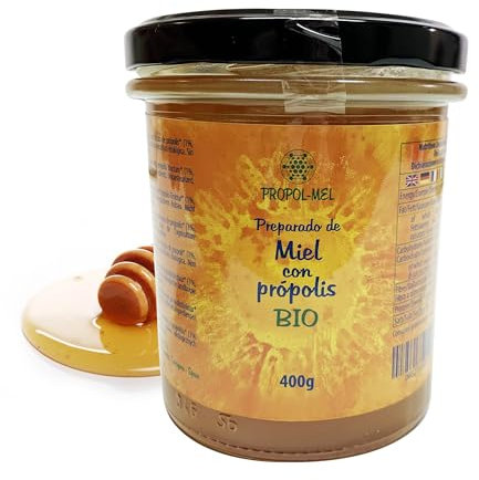 Miel con Propoleo BIO x 400 g. Propoleo con aroma floral. Miel de abeja de mil flores con propolis que mejora las defensas y con propiedades antivirales.