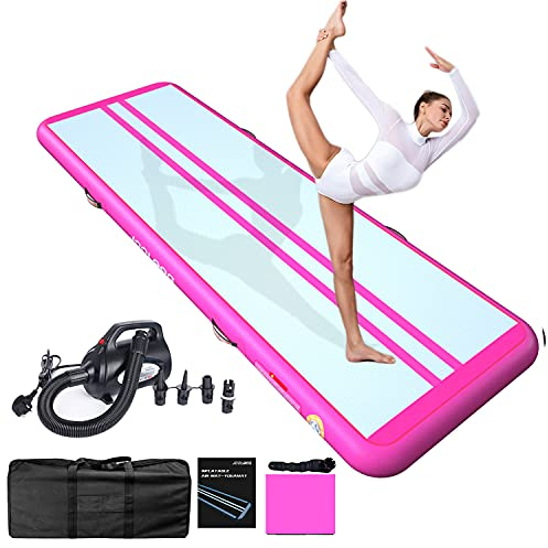 JOOLOOG Air Tumbling Matte Track 20 cm hoch Turnmatte Aufblasbare 3 m Gymnastikmatte mit Elektrischer Luftpumpe Trainingsmatte für Zuhause, Turnhalle, Garten, Yoga, Cheerleading, Fitness, Rosa