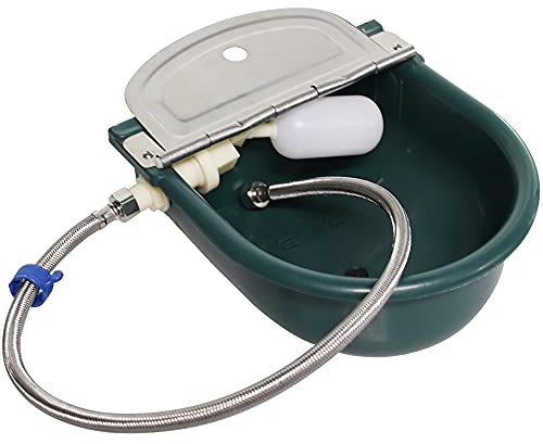 Automatic Water Bowl Plastic Livestock Stainless Steel Cover Waterer Dog Drinking Cattle Horse Drinker with Float Valve & Drain Plug & 1/2 Inch Pipe (Green)