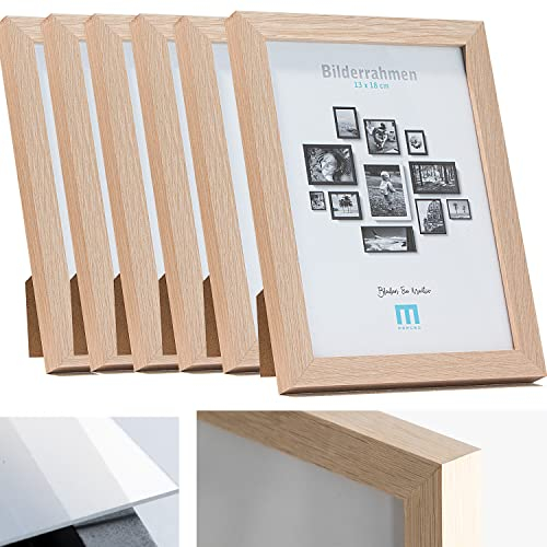 6 Stk. Bilderrahmen 13x18cm in natur aus MDF, minimalistisch & modern für Fotos & Bilder. Inkl. Acrylglasschutz. Eignet sich als Tisch-Aufsteller und für die Wand, Hochformat oder Querformat.