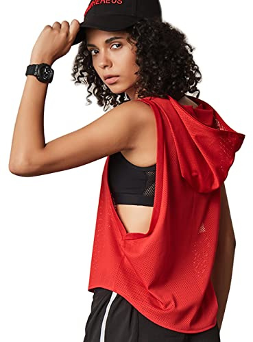 Mujer Fitness Sin Mangas Malla Hoodies Sudadera Deportes Camisetas Ejercicio Tops Rojo M