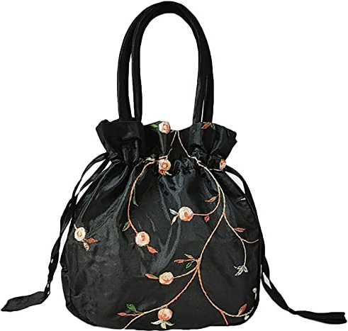 Small Drawstring Pouch Gift Bag Satin Embroidered Potli Coin Purse Handbag | 18.8×18.8×5.1 cm, Small Brocade Clutch, Cotton Lining, Secure Closure, Foldable, for Jewellery, Candy, Wedding Favours, Gifts