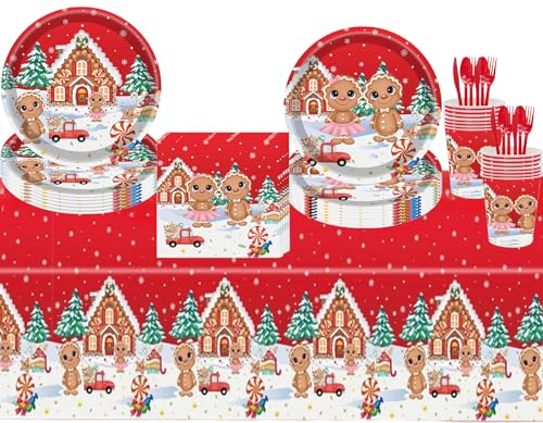 69Pcs Christmas Party Tableware Plastic Table Cloth Cover,Paper Plates,Napkins and Cups for Xmas Party Table Decorations,Red Gingerbread Man Dinnerware Set for Christmas Party Supplies