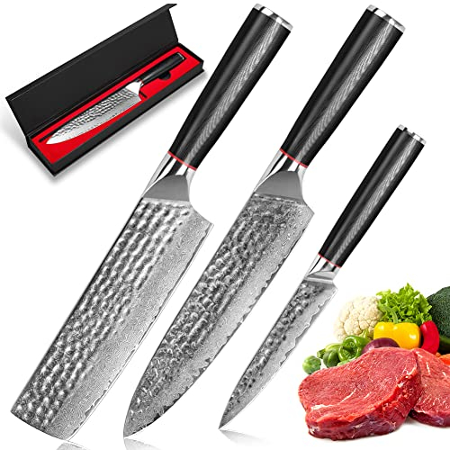 BILLION DUO Damastmesser Hackmesser Chinesisches Kochmesser, 67 Schicht Fleischmesser Damaszener Stahl Küchenmesser Profi Chefmesser Damast Messer mit Pakkawood Griff (3er Damastmesser Set)