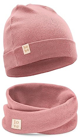 Bubalove Mützen und Schalset für Jungen, Mädchen, baby, Größen 0mc bis 12 Jahre+ viele Farben, Frühlings-, Herbstsets, Baumwollmützen, handgenäht (52-56, Pfingstrose)