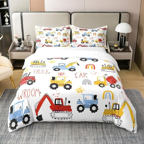 Erosebridal 100% Cotton Construction Full Size Bedding, Rainbow Vehicle Bedding Toddler Bedding Boys Duvet Cover, Cartoon Excavator Bed Set Kawaii Comfy Cozy Room Decor