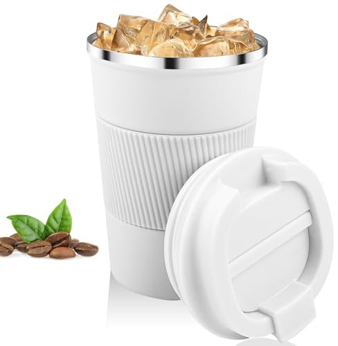 Relota Taza de café aislante, 380 ml, blanca, reutilizable, acero inoxidable 304, taza de coche con tapa, aislamiento de doble capa, silicona antideslizante
