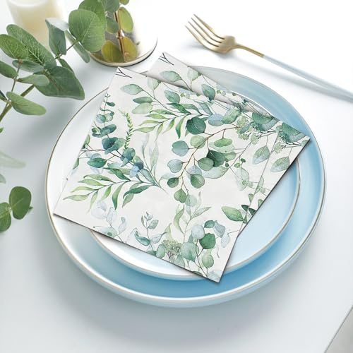 Ezydka 80 stycken servetter eukalyptus 33 x 33 cm servetter gröna servetter bröllop eukalyptus pappersservett för bordsdekorationer dop dekoration trädgård bröllop fest nattvard
