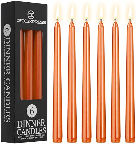 DECO EXPRESS Candles Set, Pack of 6 Classic Dripless Tapered Metallic Dinner Candles, Unscented with 8 Hours Burning Time, Home, Valentine’s Day & Mother’s Day Decor Idea (Metallic Orange, 6 Pack)