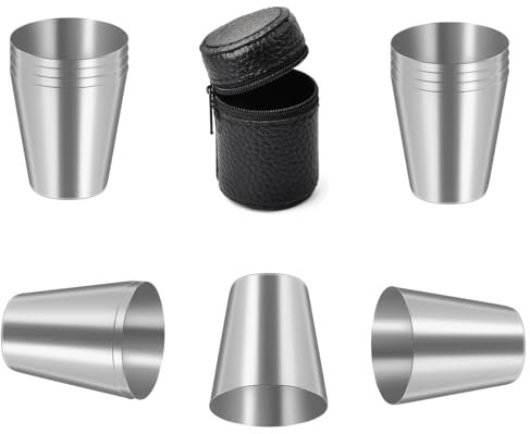 Dokeno 12 Stück Flachmann Becher, Schnapsbecher aus Edelstahl 30 ml, Schnapsgläser tragbar, Mini-Camping Wein Trinkgläser Becher mit 3 schwarzen Ledertaschen für Wandern Picknick Camping Reisen