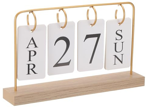 PATIKIL Vintage evig kalender i trä, flipkalender i trä, vänd sida månad datumvisning för skrivbord, kontor, hem, rumsdekoration, gyllene