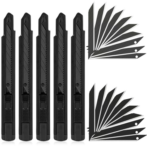 5 Stück Professional 9mm Messer Cuttermesser mit 50 pcs 30°Abbrechklingen, Universalmesser Feststellbares Kartonschneider-Messer Einziehbar für Folien Papier Basteln und Tapete, Schwarz