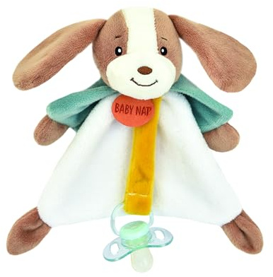 Baby NAT' - Doudou Attache Sucette Lucien Le Chien 17 cm - Doudou Bébé Chien Mixte avec Oreilles Souples et Nouettes - Peluche Attache Sucette Lavable 30° Cadeau Naissance Fille Garçon - BN6026