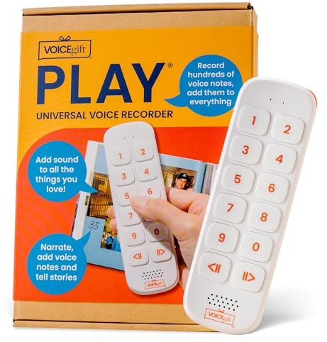 VOICEGIFT Play, 10 Hour Capacity Screen-Free Voice Recorder, Playback Tool, Portable Electronic Story Player with Speaker, Clip & Strap, Add Voice to Journals, Albums and Keepsakes