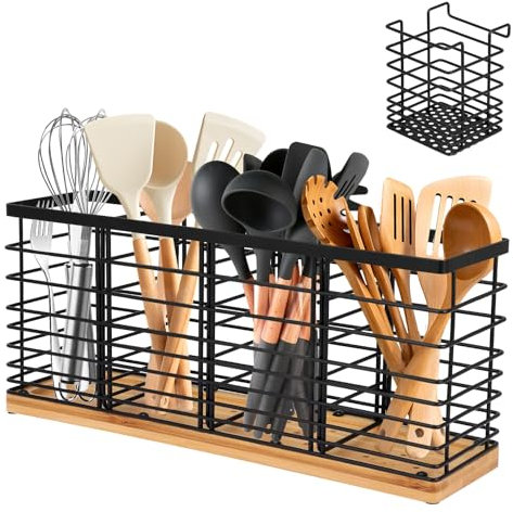 Küchenutensilienhalter aus Edelstahl mit Holz-4+1 Fächer Behälter für Küchenutensilien Aufbewahrung,Utensilienhalter Küche mit abnehmbarer Ablage,Große Schale für Messer,Löffel & Kochzubehör(Schwarz)